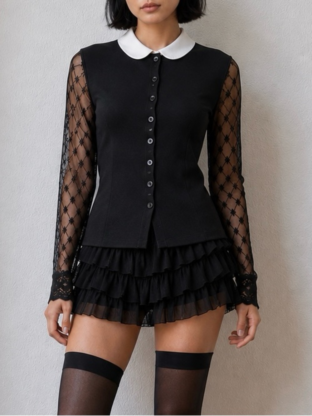 Y2K Black Mesh Sleeve Romantic Goth Top | Sheer Embroidered Button Front Blouse
